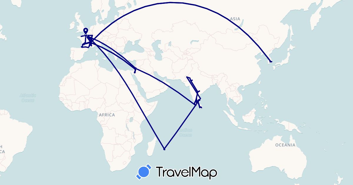 TravelMap itinerary: driving in France, Israel, India, Jordan, South Korea, Sri Lanka (Asia, Europe)